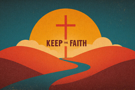An inspirational religious image with a glowing cross at sunrise over a landscape, featuring the words 'Keep the Faith.'