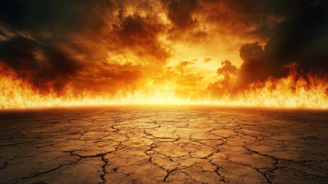 Burning fire dry cracked earth dramatic sky intense flames apocalyptic scene fiery horizon dark clouds heat wave desert landscape wildfire danger blazing fire dramatic cloudy sky fiery orange yellow
