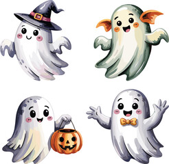 Cute cartoon Halloween ghosts, witch hat, pumpkin bucket, bat wings, bow tie, smiling spooky characters, adorable ghost illustration art