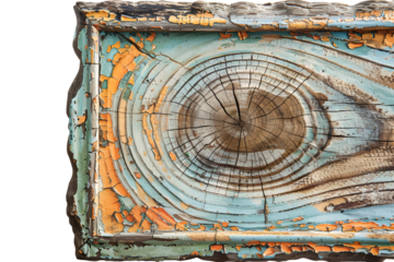 Weathered wood panel with peeling paint showing tree rings