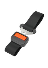 An unbuckled black car seat belt with silver latch plate, dark grey buckle receiver, and bright orange release button, isolated on a transparent background with shadowless studio lighting,