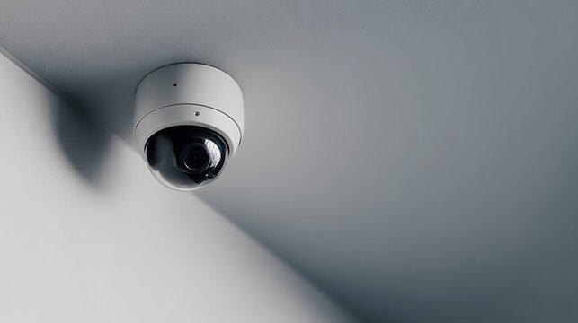 White surveillance dome camera mounted in corner high above for enhanced security and monitoring