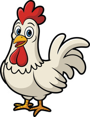 PrintCute cartoon white rooster with red comb and big blue eyes, farm animal character, funny vector illustration for design, kids, art