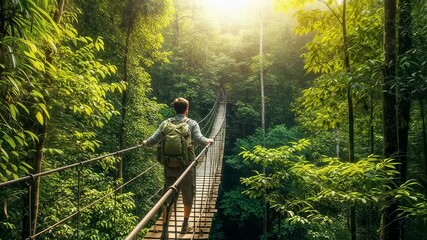 Man with backpack walks across a rope bridge high above a lush jungle canopy, a journey through nature footage.