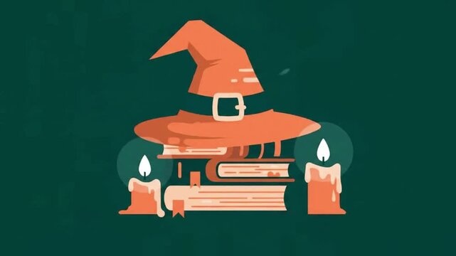 Whimsical witch hat on stack of books with candles illustration
