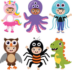 Cute kids in animal and monster costumes, cartoon children wearing funny outfits, colorful vector illustration, Halloween party, carnival design