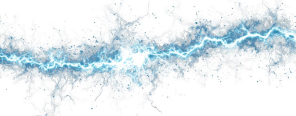 A digital rendering of a vibrant, electric blue lightning bolt coursing through a swirling, textured cloud of white and gray, set against a stark black background