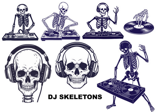 DJ Skeleton Illustration Set for Music and Party Graphics