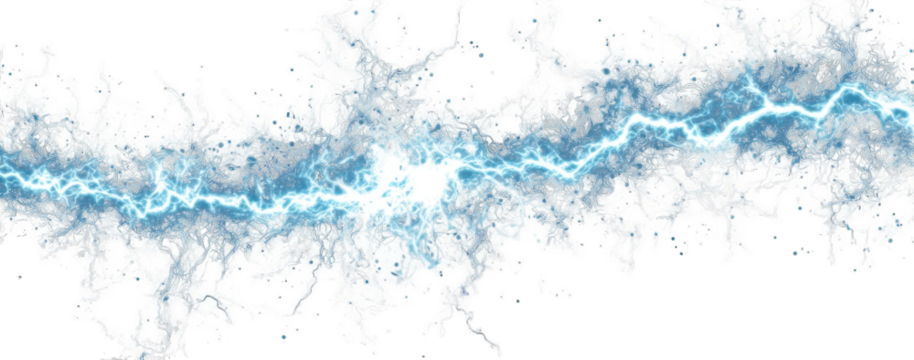 A digital rendering of a vibrant, electric blue lightning bolt coursing through a swirling, textured cloud of white and gray, set against a stark black background