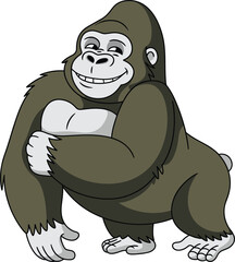 Funny cartoon gorilla smiling, strong jungle animal character, happy wild ape illustration, zoo mascot drawing, cute primate art