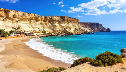 Fototapeta premium Sunny beach scene with turquoise water and cliffs