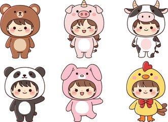 Group of kids in animal costumes, cartoon illustration of bear, unicorn pig, cow, panda, pig, chicken, playful children concept