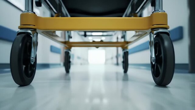 Hospital Corridor Focus on Yellow Gurney Wheels in Modern Facility Interior
