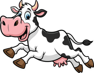 Happy cartoon cow jumping in air, cute farm animal illustration, funny black and white dairy cow, vector children clipart