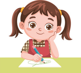 Happy little girl drawing with colored pencil, creative child art at desk, cute cartoon illustration, learning moment, preschool activity