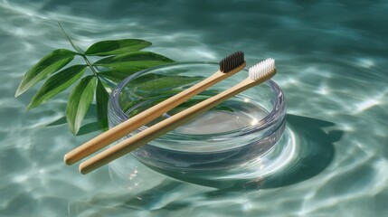 Two natural bamboo toothbrushes with green leaves in a bowl with rippling green water.