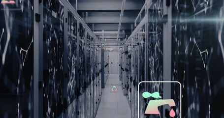 Centering shot of server aisle mapping lines initiating eco icons clustering into metrics dashboard - Powered by Adobe