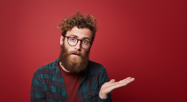 Curious man with curly hair and glasses gestures towards empty space against a vibrant red backdrop, expressing confusion or inquiry in a casual indoor setting