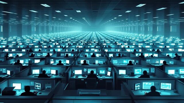 Vast office space with rows of employees working on computers.