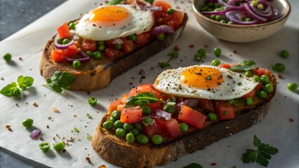 Delicious bruschetta topped with fried egg peas and tomatoes