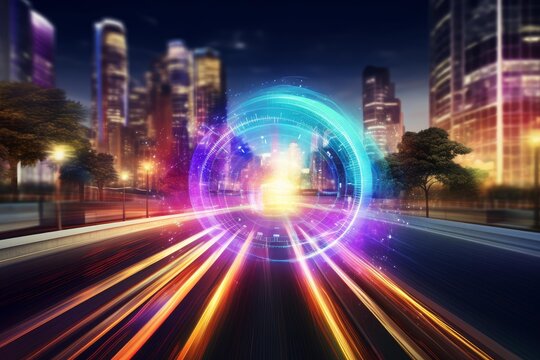 Circular portal with glowing holographic user interface opening on a city highway at night with blurred light trails
