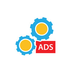 Marketing icon. Automated ads. Two gears with AdSense. Branding, strategy, digital. flat design style.