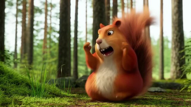 Funny Cartoon Squirrel Animation Character in a Forest Background Scene