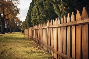 Fototapeta premium Wooden picket fence bordering green grass lawn along a quiet suburban street with trees
