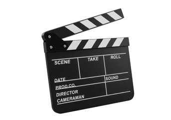 Ultra-realistic 3D rendered black film clapperboard with matte finish, open striped arm, and empty white text fields, isolated on a transparent background, high angle studio product shot, concept of