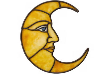 Stained glass window art representing a crescent moon with a human face, isolated on a transparent background