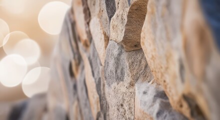 A close up view of a stone wall with blurred lights in the background detail