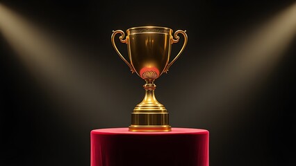 A gleaming gold trophy displayed on a velvet pedestal, highlighted by dramatic studio lighting.