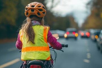 Rear view of a little girl in a reflective vest riding a bike on the road, emphasizing road safety education for young cyclists, Generative AI