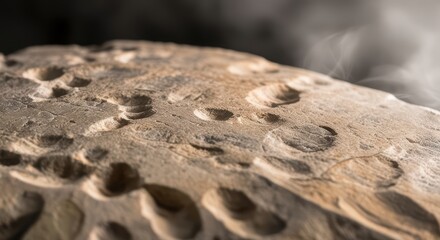 A close up view of a rough surface with many craters and some smoke in the background