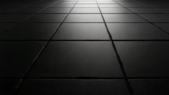 Black tile floor glossy surface reflection pattern grout texture modern sleek design creating depth moody atmosphere with subtle texture and visible grout lines in dark environment