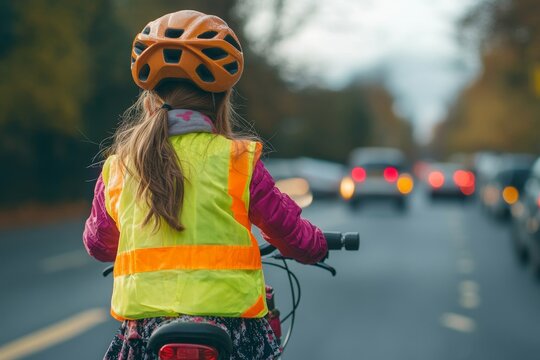 Rear view of a little girl in a reflective vest riding a bike on the road, emphasizing road safety education for young cyclists, Generative AI - Powered by Adobe