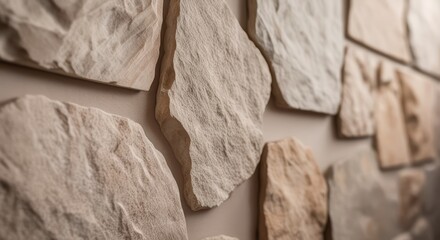 A close up view of a stone wall with irregular shapes and varying light shades