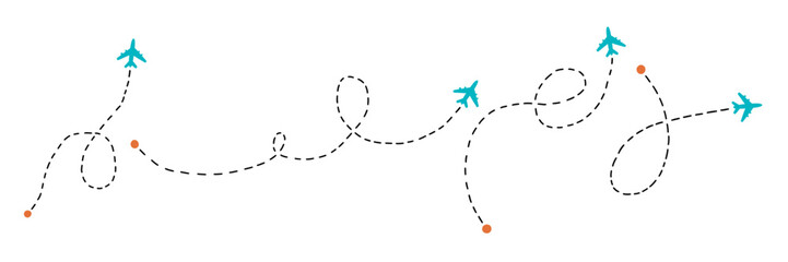 Travel Plane Line Fly Patch Icon. Flight Airplane Route Trip for Map. Vector Doodle Illustration