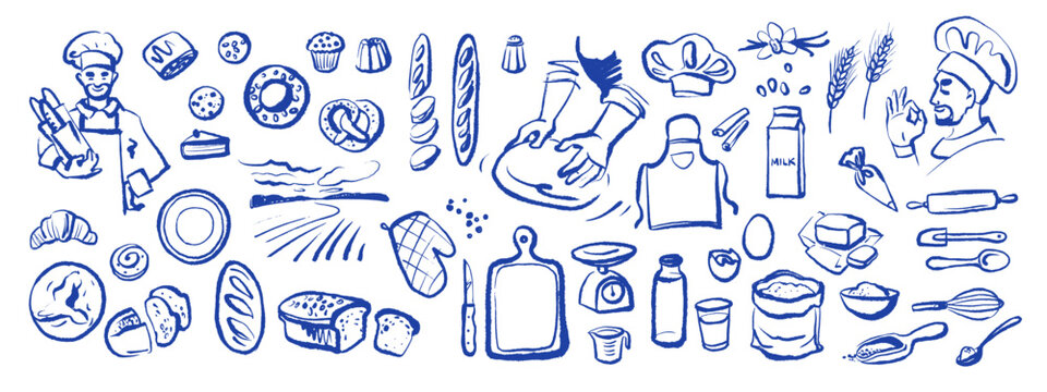 Whimsical baking set with chef, ingredients and tools in sketch style. Vintage culinary process, cozy kitchen, bakery branding. Hand drawn vector illustration