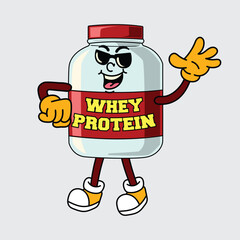 Cute Whey protein cartoon character smiling, posing confidently with gloves and sneakers