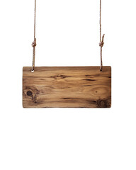 Wooden sign hanging on ropes against a plain background