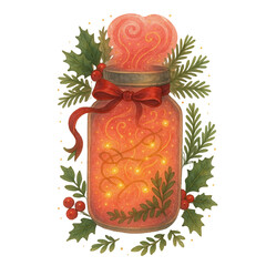 Fototapeta premium A glowing jar filled with warm orange light and swirling patterns, decorated with a red ribbon and surrounded by holly leaves and berries.