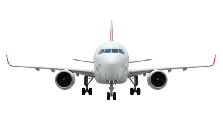 Modern wide-body commercial passenger jet, pristine glossy white with red livery, robust extended landing gear, displayed head-on in a professional studio with uniform shadowless light on transparent