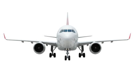 Modern wide-body commercial passenger jet, pristine glossy white with red livery, robust extended landing gear, displayed head-on in a professional studio with uniform shadowless light on transparent