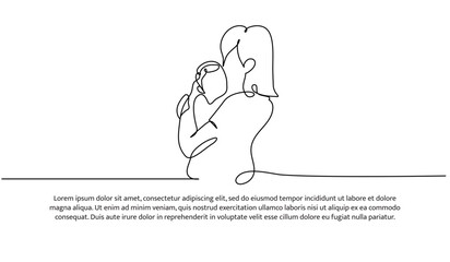 One line of a baby hugged by his mother. Abstract minimal continuous line.