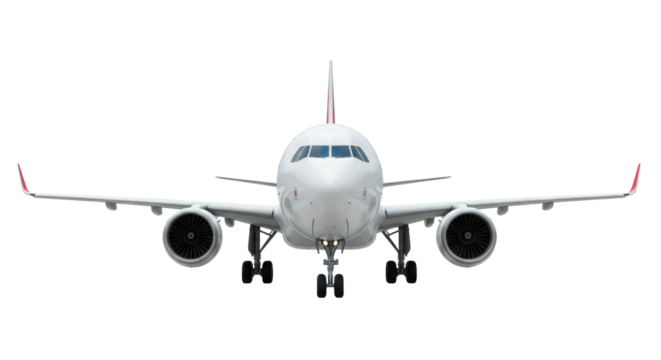 Modern wide-body commercial passenger jet, pristine glossy white with red livery, robust extended landing gear, displayed head-on in a professional studio with uniform shadowless light on transparent