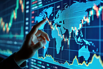 Hand pointing to a world map overlayed with a stock market chart on a computer screen display