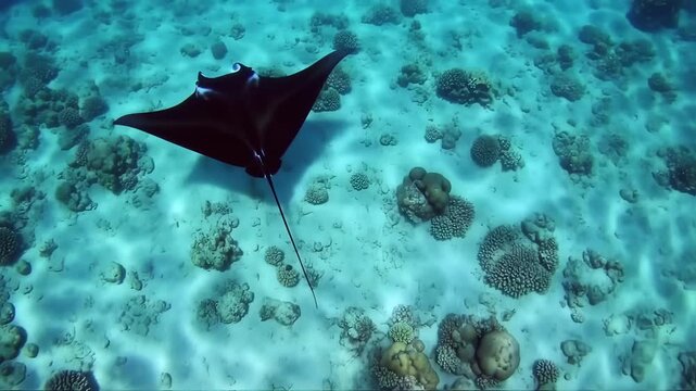 Graceful manta ray gliding through vibrant coral reef ecosystem in tropical waters