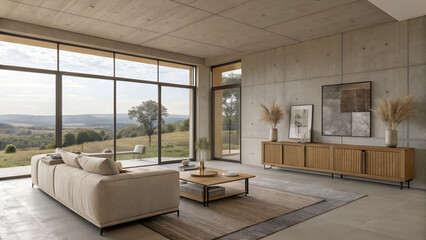 Modern interior design in a luxurious living room with a comfortable sofa, fireplace, and large window