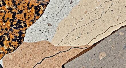 A close up view of various cracked and layered terrazzo stone tile samples together